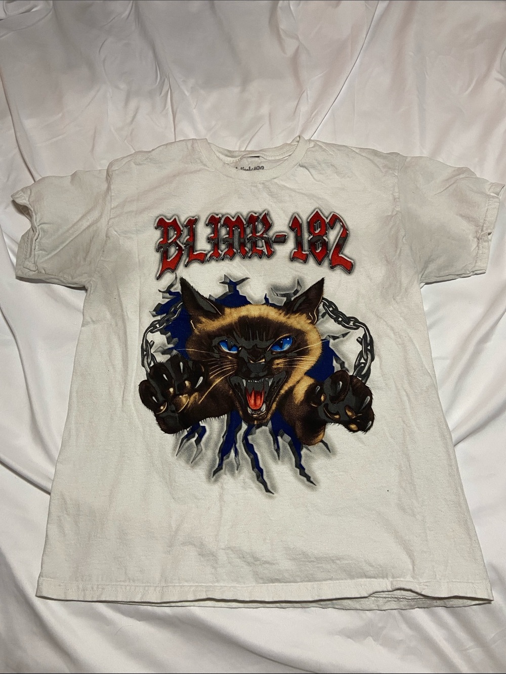 Blink 182 Band White Short-Sleeve Graphic Tee with Fierce Cat Print